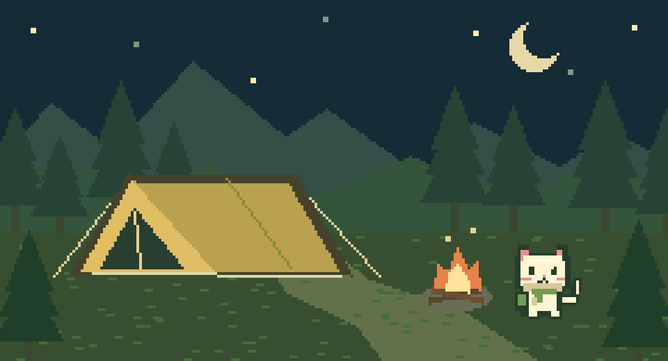 An original pixel-art campsite with pine trees, a little tent, a campfire and a cat.